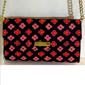 Trina Turk Crossbody Purse Trifold Wallet Gold Chain Navy Pink Floral Bag NWT